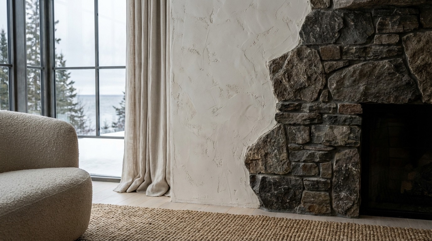 Material proof at the junction of raw plaster wall and irregular stone fireplace edge in a North Shore Minnesota organic modern home — individual plaster knife marks visible, rough-split stone faces, boucle sectional soft in background, Lake Superior and pines through window beyond