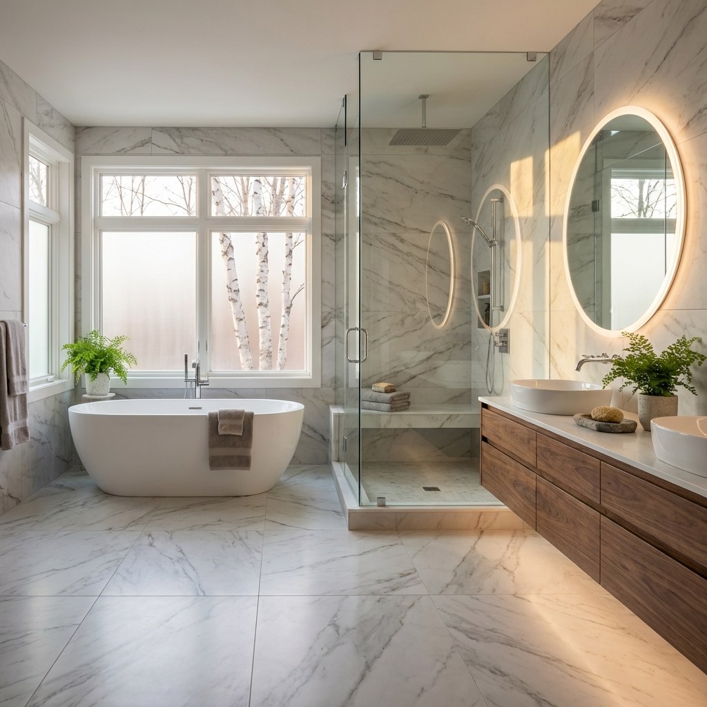 Luxury spa bathroom rebuild in Orono Minnesota — freestanding soaking tub, marble tile, frameless glass steam shower, birch tree view