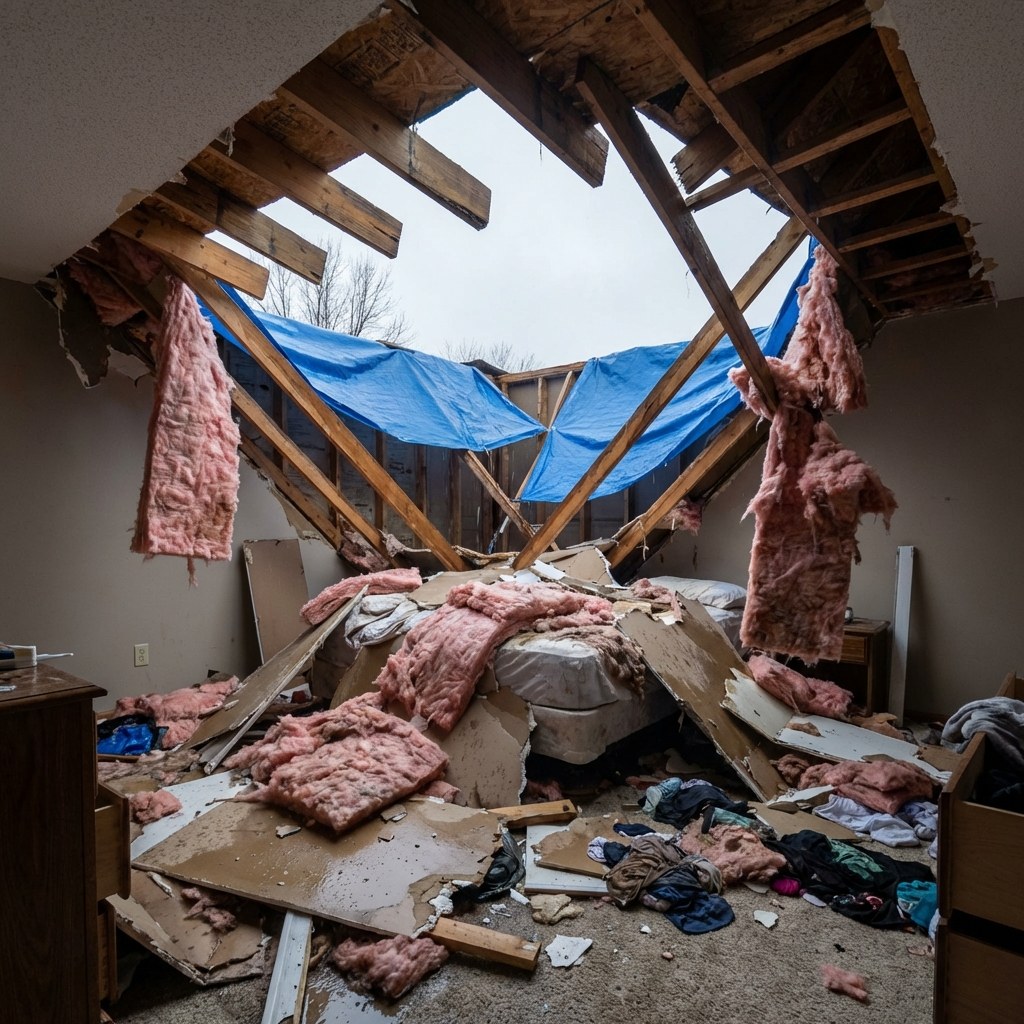 Storm damage and roof collapse in a Plymouth bedroom