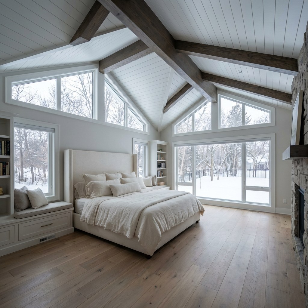 Vaulted primary bedroom suite rebuild in Plymouth Minnesota — shiplap ceiling with dark beams, clerestory windows, snowy wooded backyard view