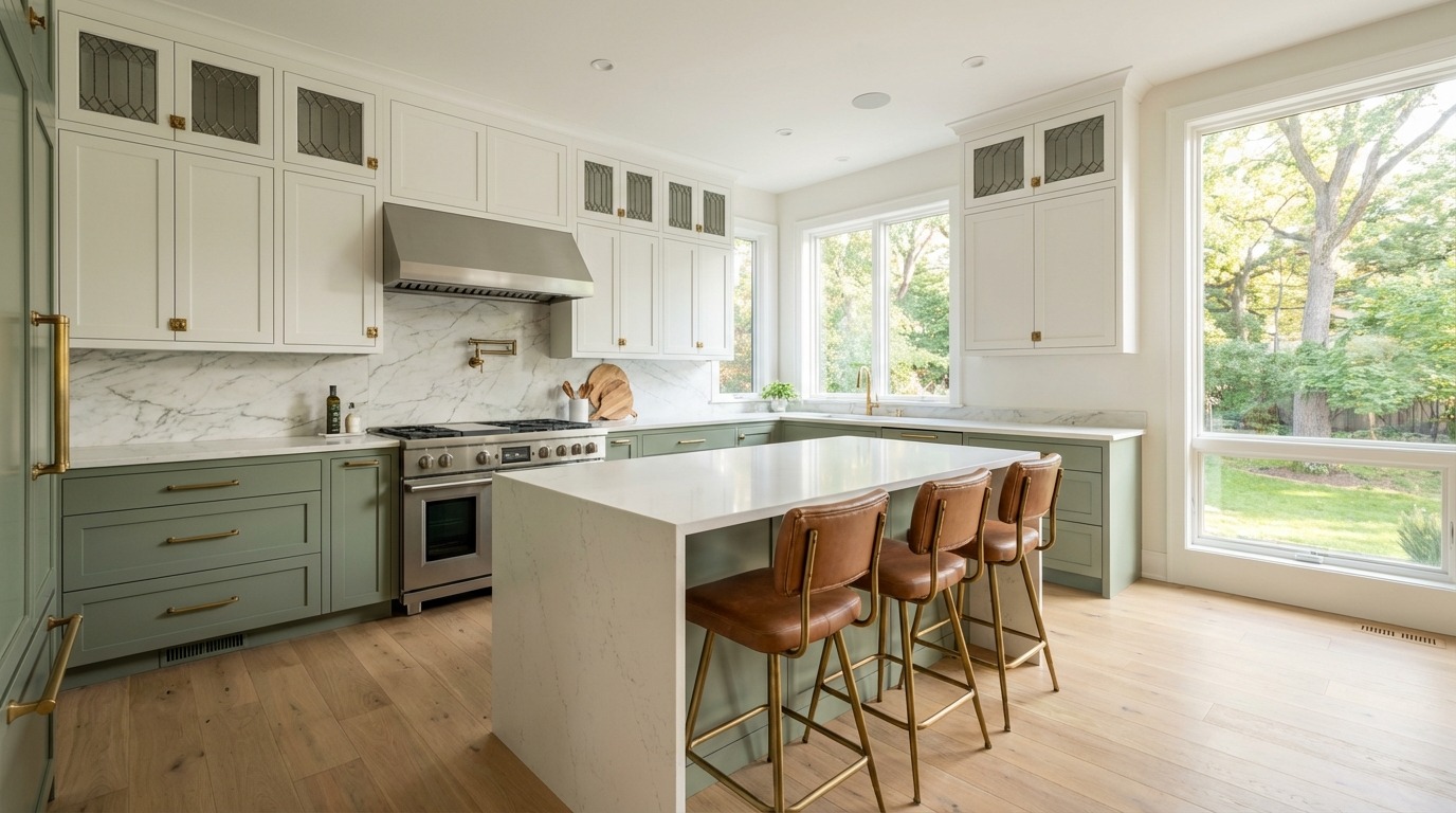Angled view of a luxury Edina Minnesota kitchen — quartz waterfall island with leather and brass bar stools in foreground, sage green lower cabinets and professional range behind, large windows showing a summer backyard and deck beyond