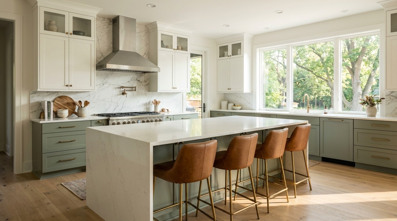Corner compression view of an Edina Minnesota luxury kitchen — sage green lower cabinets wrapping the L, white uppers with leaded glass accent fronts and brass hardware, Calacatta marble backsplash behind professional range, quartz island with leather bar stools visible