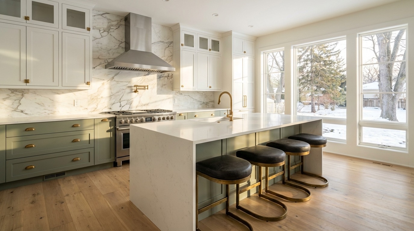 Sage green and white kitchen in an Edina Minnesota home in winter — professional range with stainless hood and Calacatta marble backsplash, quartz island with black leather bar stools on brass frames, bare trees and snow visible through large windows