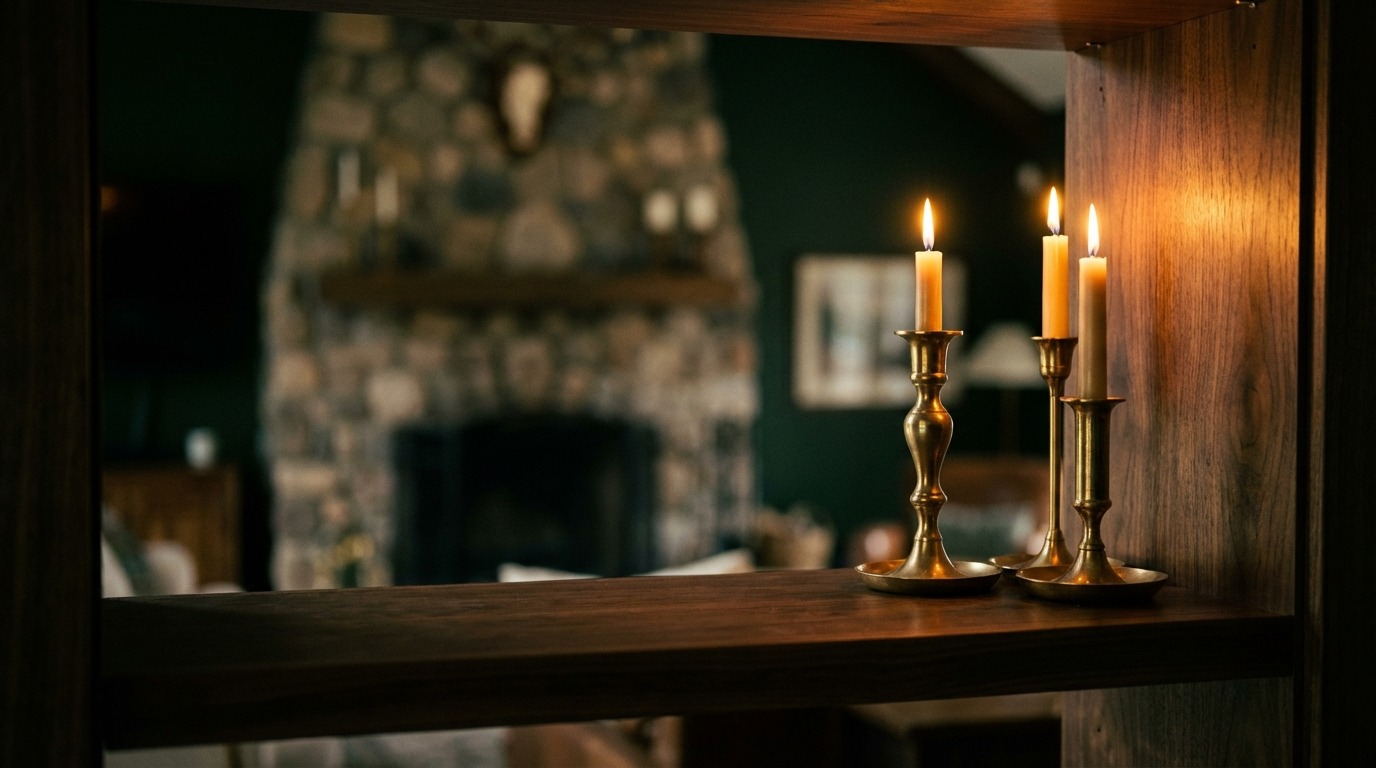 Dark walnut built-in shelving framing stone fireplace with brass candleholders — moody interior detail in a Lake Minnetonka Minnesota home