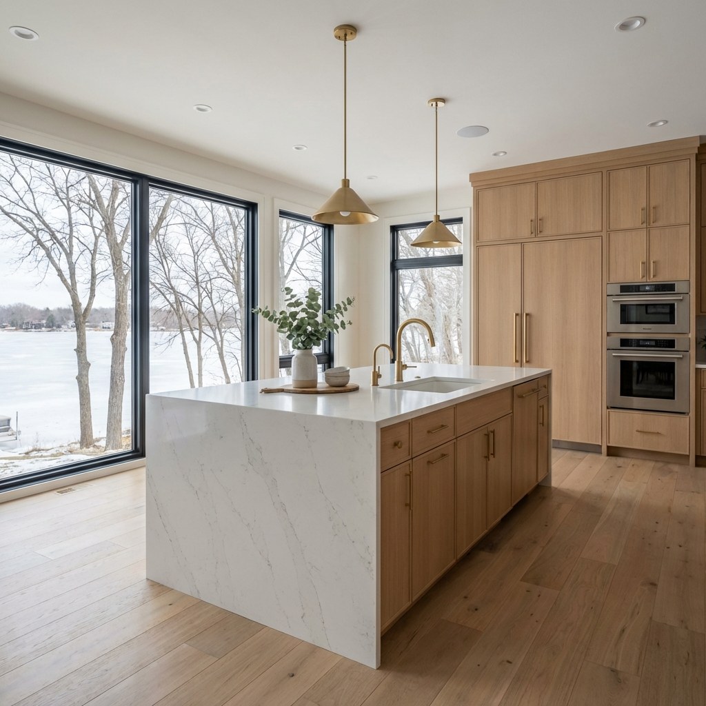 Luxury rebuilt open-concept kitchen in Wayzata Minnesota — white oak cabinetry, quartz island, frozen lake view